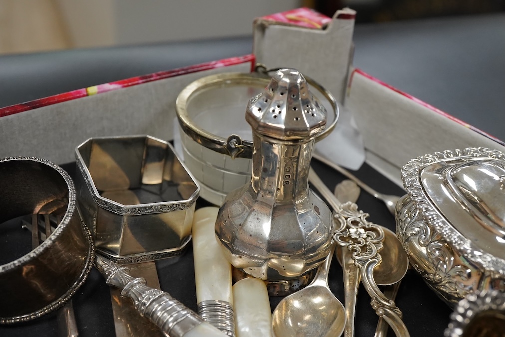 A collection of mixed silver to include a mustard pot, pierced dish etc.